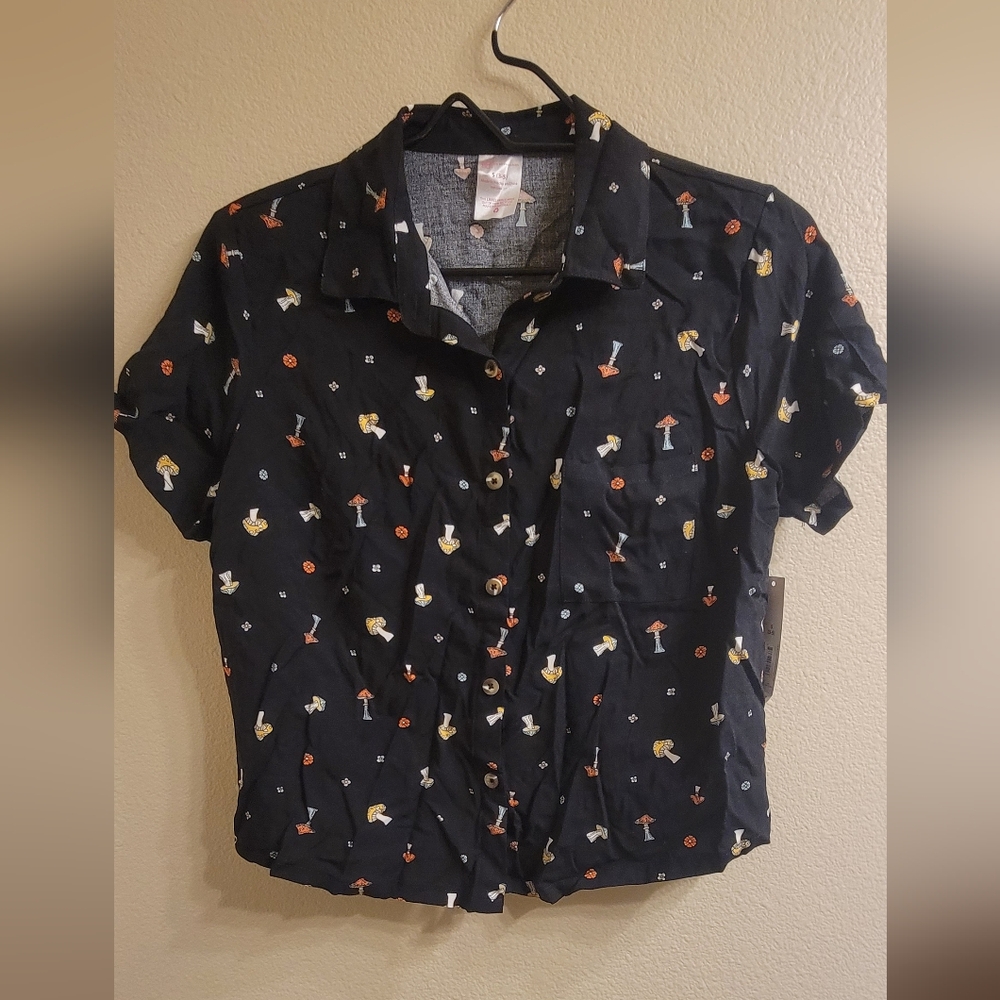 Black Button-Up Shirt with Mushroom Print